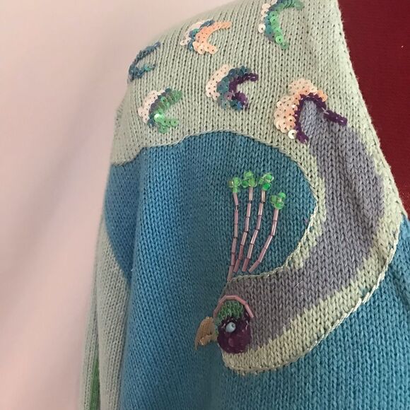 Storybook Knits Cardigan Sz Large Teal & Mint Zipper Closure Peacock Pair Print - Picture 6 of 12